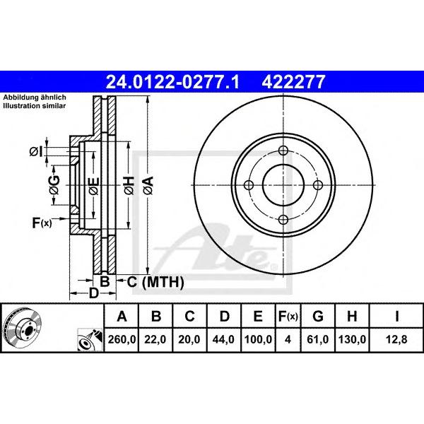 ATE - 24.0122-0277.1 (Диск тормозной передн, NISSAN: MICRA IV 1.2/1.2 DIG 10-, NOTE 1.2/1.2 DIG/1.5 dCi 13-)