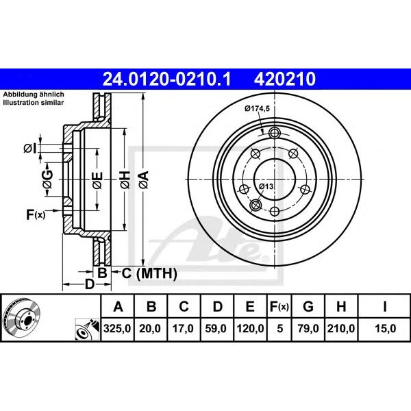 ATE - 24.0120-0210.1 (Диск тормозной задний для Land Rover Discovery 3 2005~2009, Land Rover Discovery 4 2010~, Range Rover Sport 2005~2009)