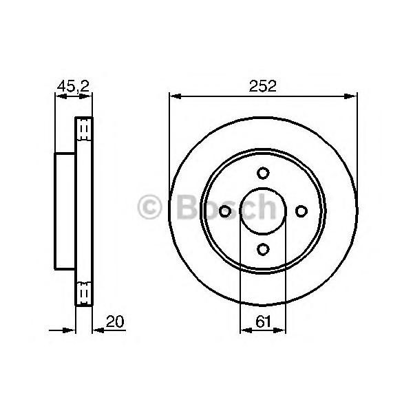BOSCH - 0986479238 (Тормозной диск передний 61 252x20 мин толщ 18мм отв.4 (кол во в упак 2))