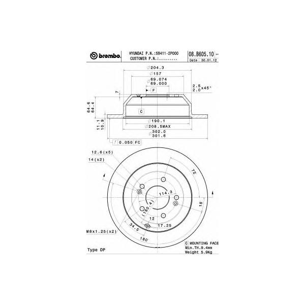 BREMBO - 08.B605.10 (Диск тормозной задний Ø302x11)