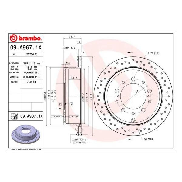 BREMBO - 09.A967.1X (Диск тормозной задний Ø345x18)