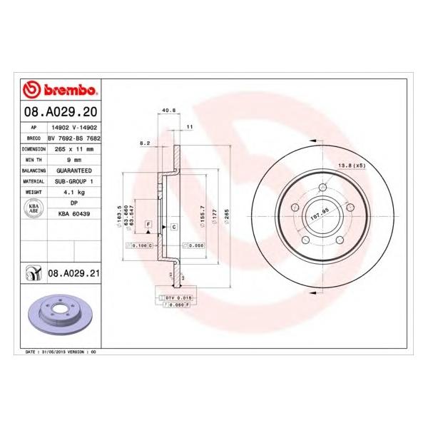BREMBO - 08.A029.20 (Диск тормозной задний 265x11)