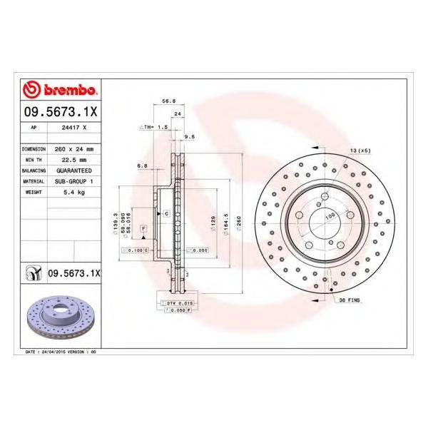 BREMBO - 0956731X (Диск тормозной передний (перф.) SUBARU IMPREZA Cou)
