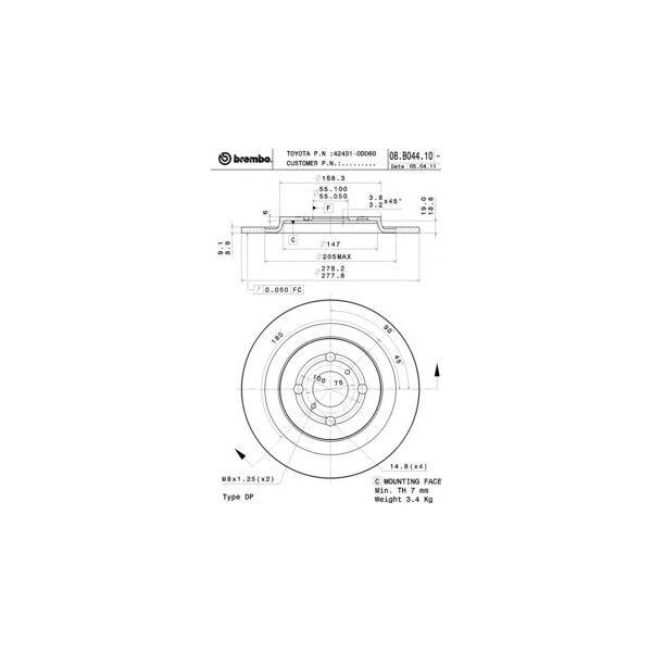 BREMBO - 08.B044.10 (08.B044.10 диск тормозной задний!/ Toyota Yaris 1.0/1.3 06>)