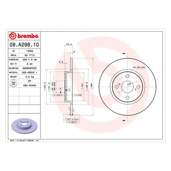 BREMBO - 08.A298.10 (Диск торм зад COROLLA 97->01)