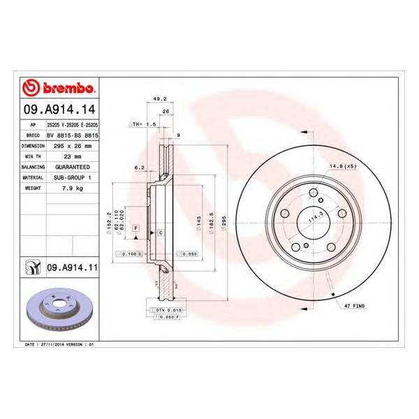 BREMBO - 09.A914.14 (Диск тормозной TOYOTA AURIS 07-/AVENSIS/VERSO 09- передний вент.D=295мм.)