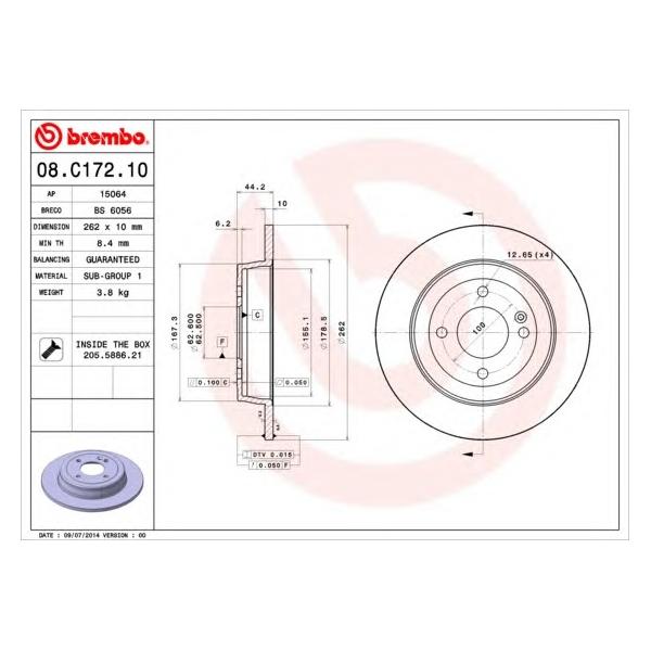 BREMBO - 08.C172.10 (Диск тормозной задний Ø262x10)