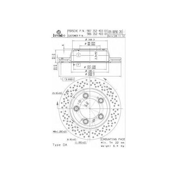 BREMBO - 09889021 (09.8890.21_диск тормозной задний перфорированный!/ Porsche Boxster/Cayman (987) 99-13)
