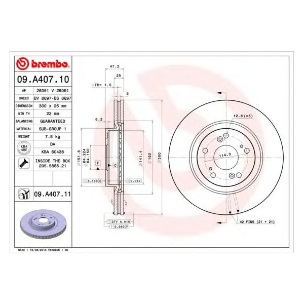BREMBO - 09.A407.10 (диск торм. пер. / Honda C)