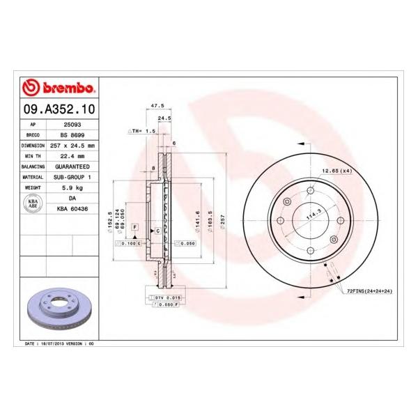 BREMBO - 09.A352.10 (Диск тормозной HYUNDAI ELANTRA 2.0 01-/SONATA/KIA MAGENTIS 01- передний D=280мм.)