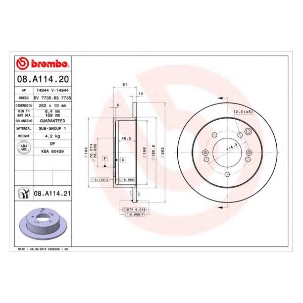 BREMBO - 08.A114.20 (Диск тормозной задний 262x10)