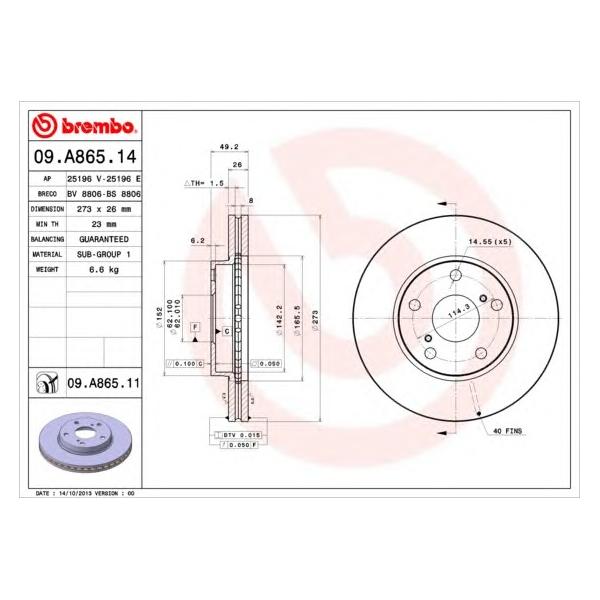 BREMBO - 09.A865.14 (Диск тормозной TOYOTA AURIS 07- (пр-во Великобритания) передний вент.D=273мм.)