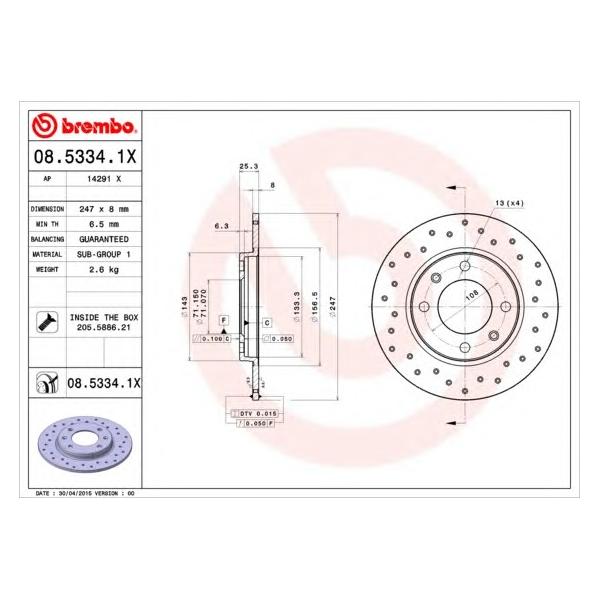 BREMBO - 0853341X (Диск тормозной задний (перф.) PEUGEOT 106 II (1) 0)