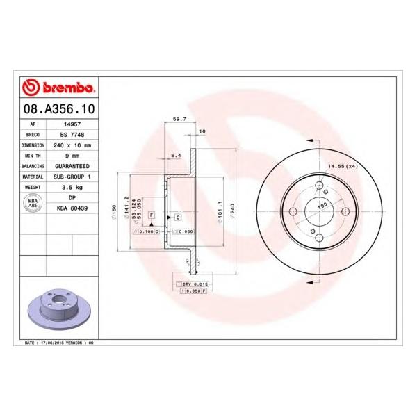 BREMBO - 08.A356.10 (диск торм. зад./ Toyota Corolla 1.4-2.0TD 97>)