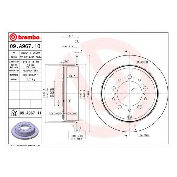BREMBO - 09.A967.10 (Диск тормозной задний Ø345x18)