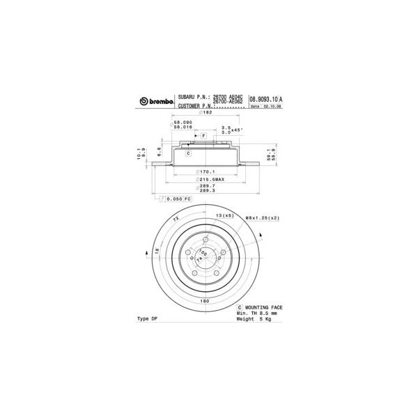BREMBO - 08.9093.10 (08.9093.10 диск тормозной задний!/ Subaru Legacy III/Outback 2.0-3.0i 98-03)