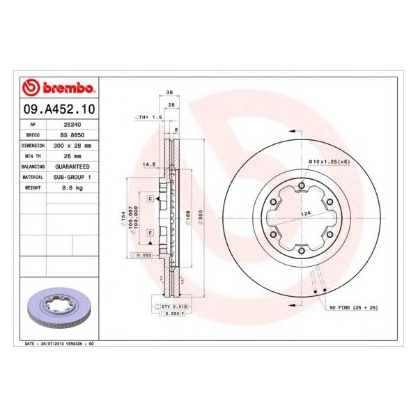 BREMBO - 09.A452.10 (Диск тормозной передн, NISSAN: PATHFINDER 2.7 TD 4WD/3.2 TD 4WD/3.3 V6 4WD/3.5 V6 4WD 97-04, PICK UP)