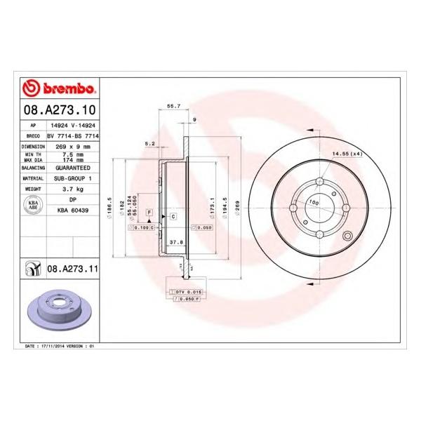 BREMBO - 08A27311 (Диск тормозной Standard | зад |)