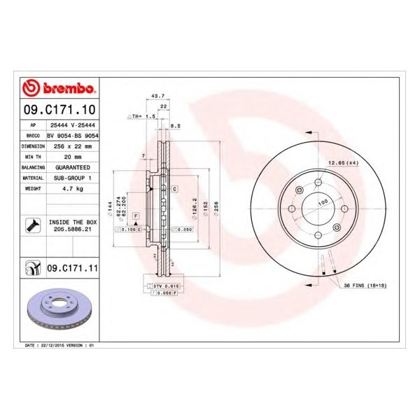 BREMBO - 09C17110 (Диск тормозной HYUNDAI SOLARIS 10-/KIA RIO III 11- передний D=256мм.)