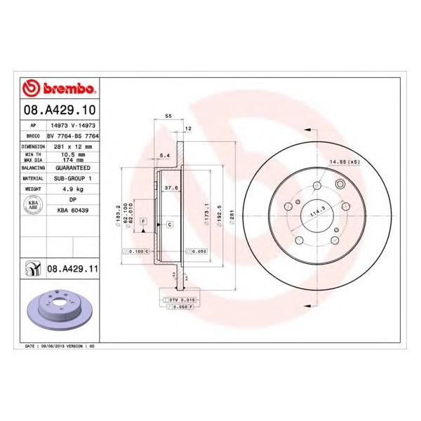 BREMBO - 08.A429.10 (Диск тормозной TOYOTA RAV 4 III 06- задний D=281мм.)
