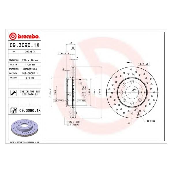 BREMBO - 0930901X (Диск тормозной (С ПЕРФОРАЦИЕЙ) передний D=236 (мин. 2 шт))