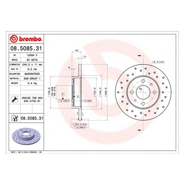BREMBO - 08508531 (Диск тормозной задний ABARTH 500 / 595 / 695 (312_)