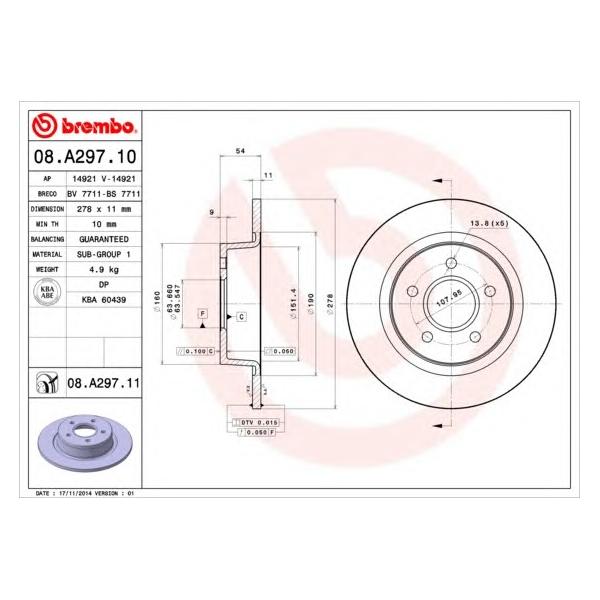 BREMBO - 08.A297.10 (диск торм. зад./ Ford Turneo/Transit Connect 1.8 16V/1.8Di/TDCi 02>)