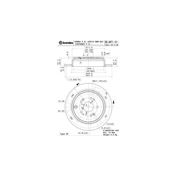 BREMBO - 08A87111 (Диск тормозной HONDA CR-V 02- задний D=302мм.)