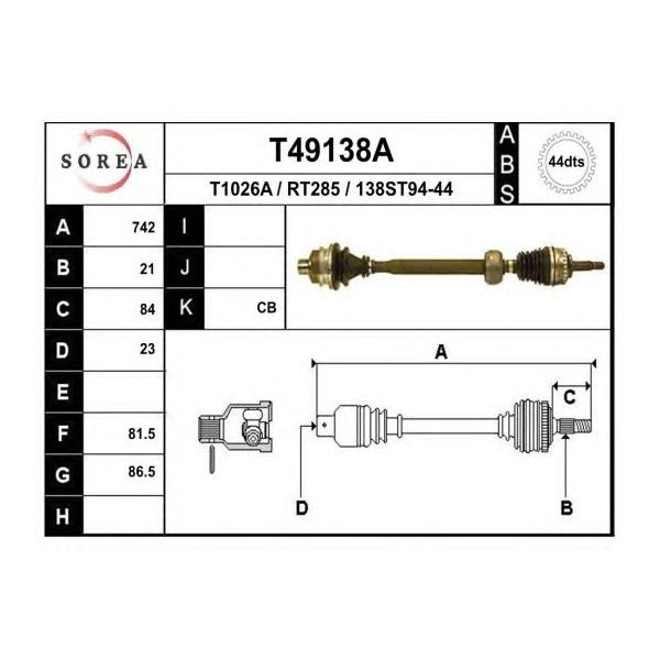 EAI - T49138A (!привод прав./ Renault Megane/Scenic 1.4-2.0 JB1/3 JC5 ABS 745mm 95>)