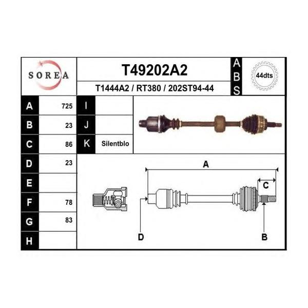 EAI - T49202A2 (T49202A2_привод правый! 725мм ABS-44th// Renault Clio II 98>/Kangoo 97>)