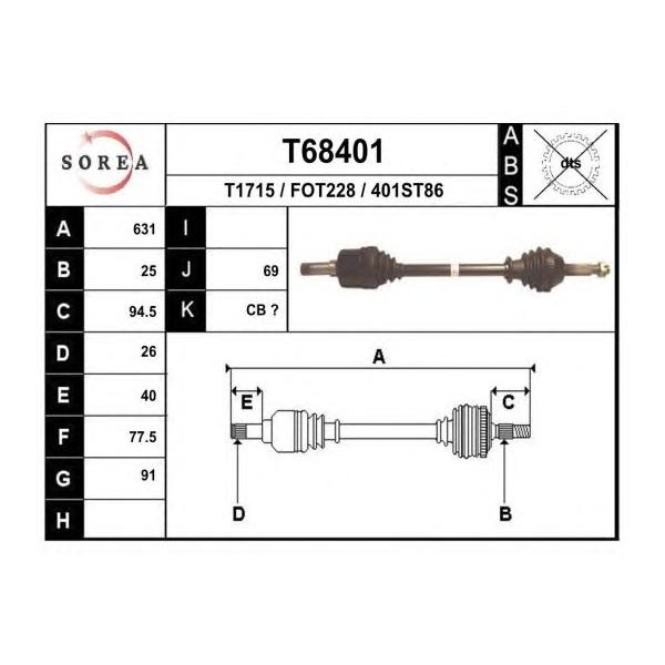 EAI - T68401 (T68401_привод левый!631mm без ABS/ Ford Transit/Tourneo 1.8i/1.8D 02>)