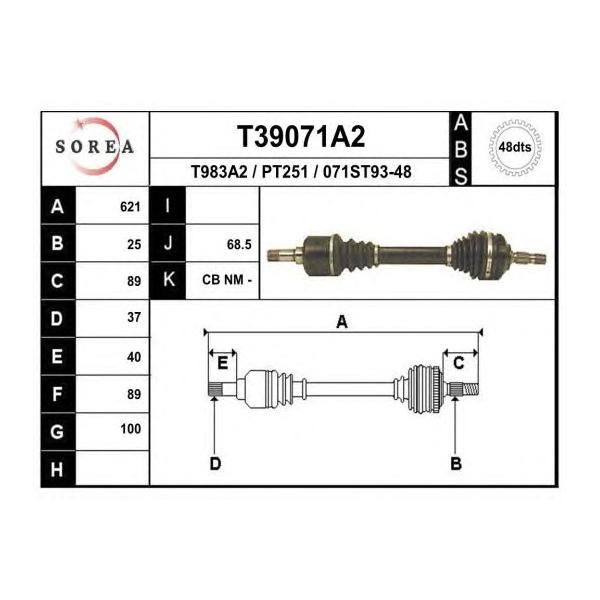EAI - T39071A2 (Полуось PSA 406 2.0HDi, 2.2 16V, 3.0 V6 МКПП +ABS 99-> левая)