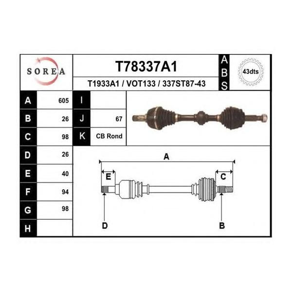 EAI - T78337A1 (T78337A1_привод левый! 605mm ABS/ Volvo S40/V40 1.9/2.0i/Di 99-04)