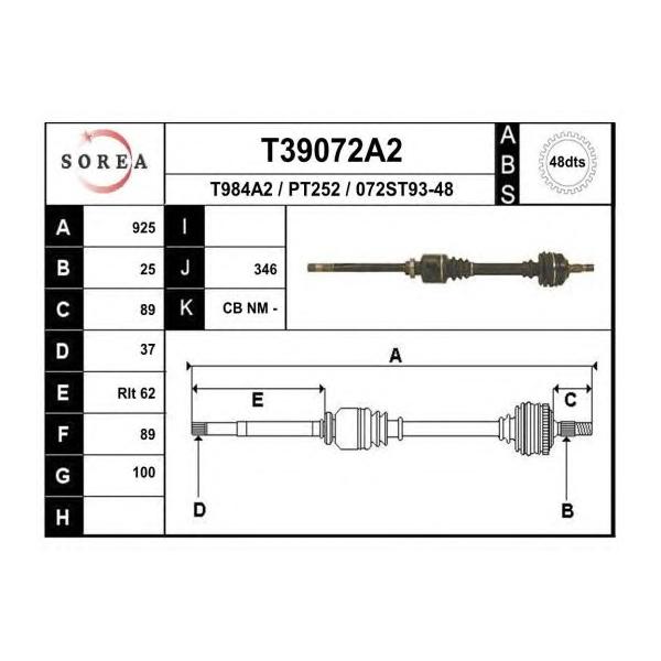 EAI - T39072A2 (T39072A2_привод правый! 925mm ABS/ Peugeot 406 2.2/3.0/2.0HDi/2.1TD/2.2HDi 99>)