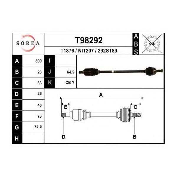 EAI - T98292 (привод прав./ Nissan Micra III K12 1.2-1.4 890mm 03>)