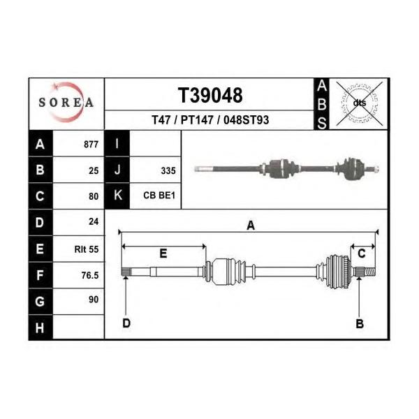 EAI - T39048 (привод правый877mm/ Peugeot 306/405 1.8-2.0/TD BE1/3 87>)