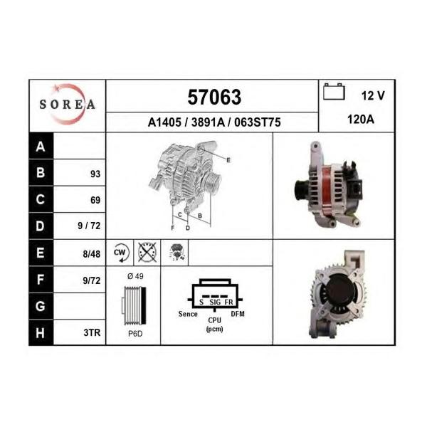 EAI - 57063 (SOR57063 генератор! 120A/ Ford Focus/C-Max 1.8/2.0 03>, Volvo C30/S40/V50 1.8 01>)
