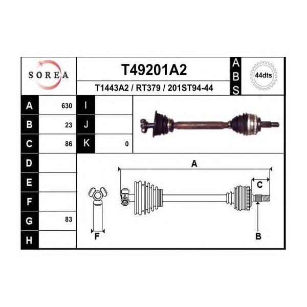 EAI - T49201A2 (T49201A2_привод левый! 630мм ABS-44th Renault Clio II 98>/Kangoo 97>)