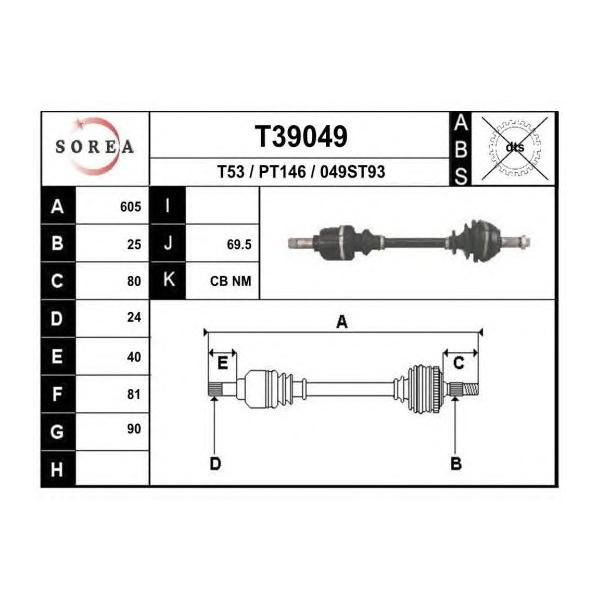EAI - T39049 (T39049_привод левый! 608mm/ Peugeot 306/405 1.8-2.0/TD BE1/3 87>)