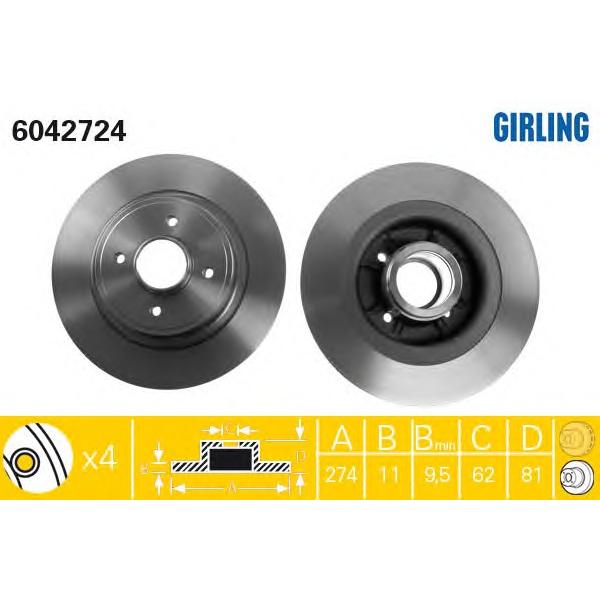 GIRLING - 6042724 (Диск тормозной RENAULT MEGANE I/SCENIC I 97-03 задний без подшипника)