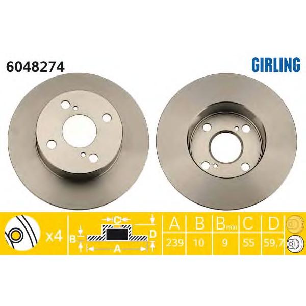 GIRLING - 6048274 (Диск тормозной TOYOTA COROLA 00-02 задний D=240мм.)