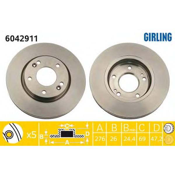 GIRLING - 6042911 (Диск тормозной HYUNDAI SANTA FE (SM) 01-/TRAJET 00- передний D=276мм.)