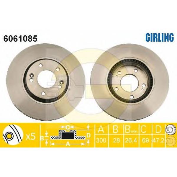GIRLING - 6061085 (Диск тормозной HYUNDAI iX35/SONATA (NF)/KIA SPORTAGE передний вент.D=300мм.)