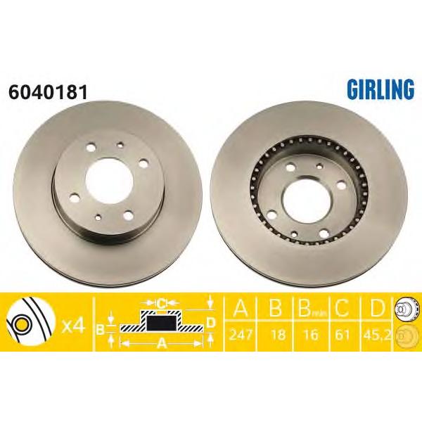 GIRLING - 6040181 (Диск тормозной NISSAN ALMERA (N15) 1.4-2.0 95-00 передний вент.D=247мм.)