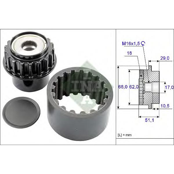 INA - 535 0206 10 (Муфта свободного хода VOLVO S60/S80/XC70/XC90/XC60 3.0/3.2 06- (с эласт.муфтой))