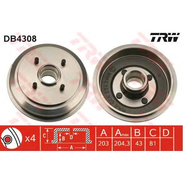 LUCAS-TRW - DB4308 (Барабан тормозной для Ford Fiesta/Fusion 2001~2012)