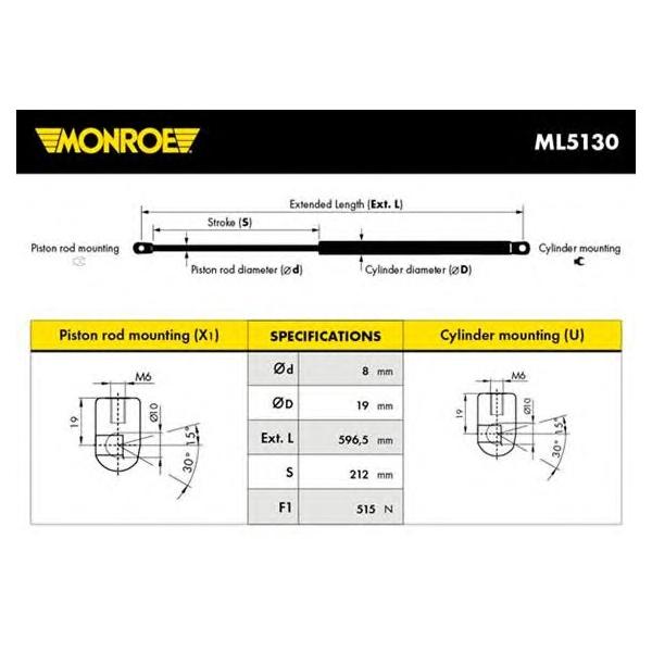 MONROE - ML5130 (Амортизатор крышки багажника RENAULT: MEGANE SCENIC (JA0/1) 1.4 i (JA0E)/1.6 e (JA0F)/1.6 i (JA0L)/1.9 D (JA0J)/1.9 dT (JA0K, JA0Y)/1.9 dTi (JA0N)/2.0)